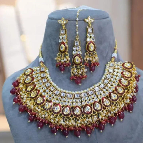 Palak Art Gold Plated Kundan Stone And Beads Necklace Set