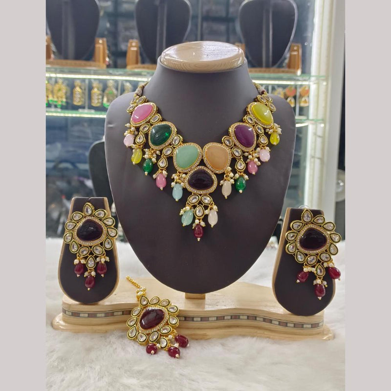 Palak Art Gold Plated Crystal Stone and Beads Necklace Set