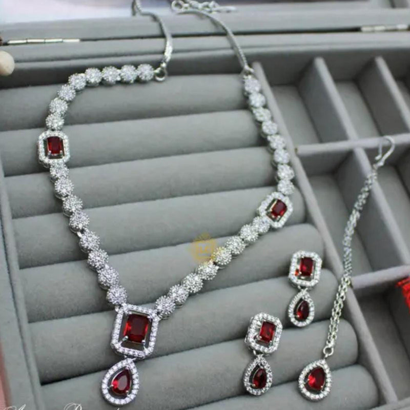 Palak Art Silver Plated American Diamonds Necklace Set