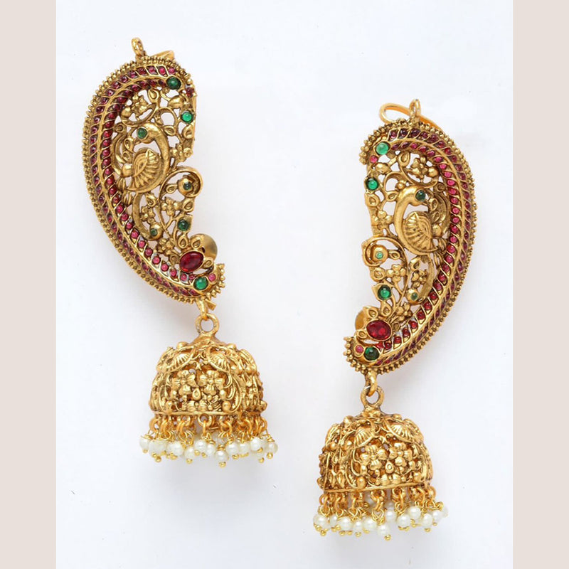 Palak Art Gold Plated Pota Stone and Pearl Ear Cuff Jhumki Earrings