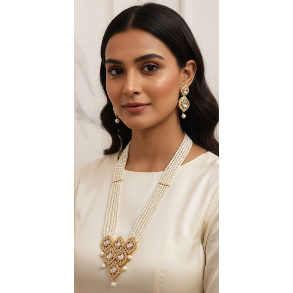 Palak Art Royal Kundan Stone And Austrian Stone Pearl Long Necklace Set