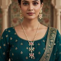 Palak Art Elegant Crystal Stone And Pearl Designer Long Necklace Set