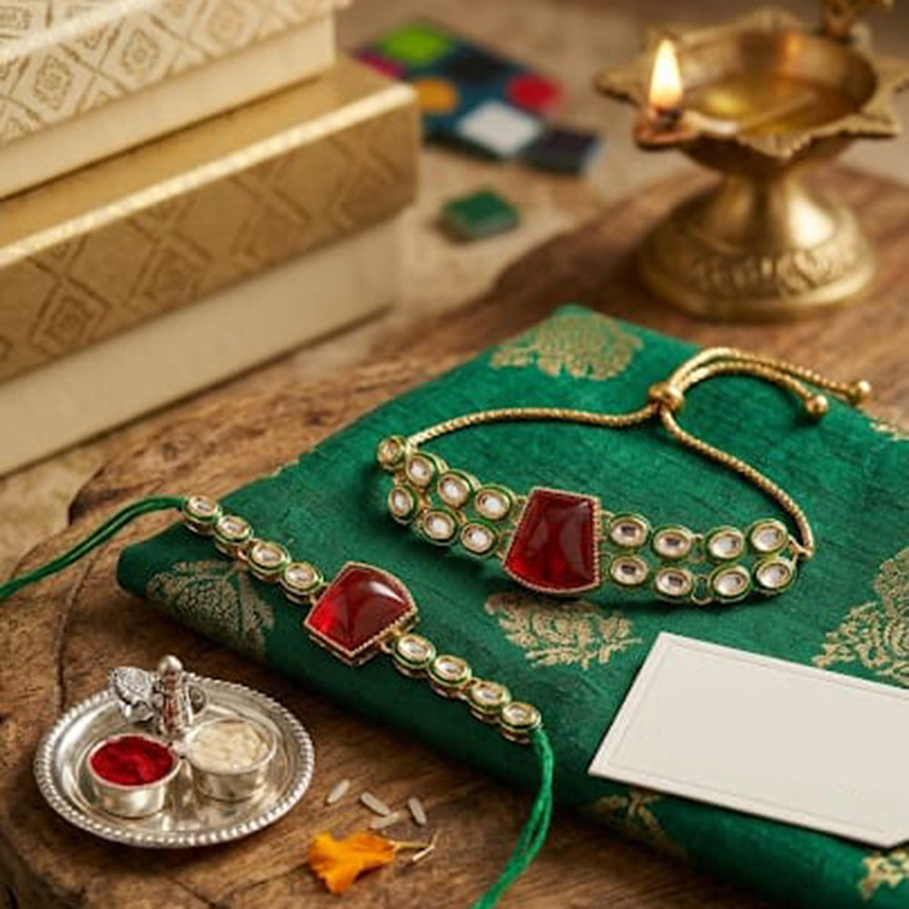 Palak Art Gold Plated Bhaiya And Bhabhi Kundan Stone Rakhi Combo