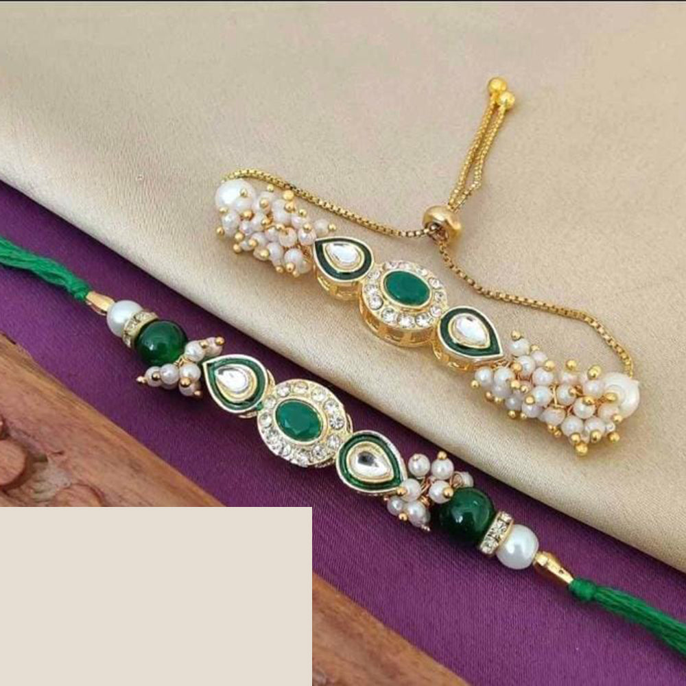 Palak Art Gold Plated Bhaiya And Bhabhi Kundan Stone Rakhi Combo