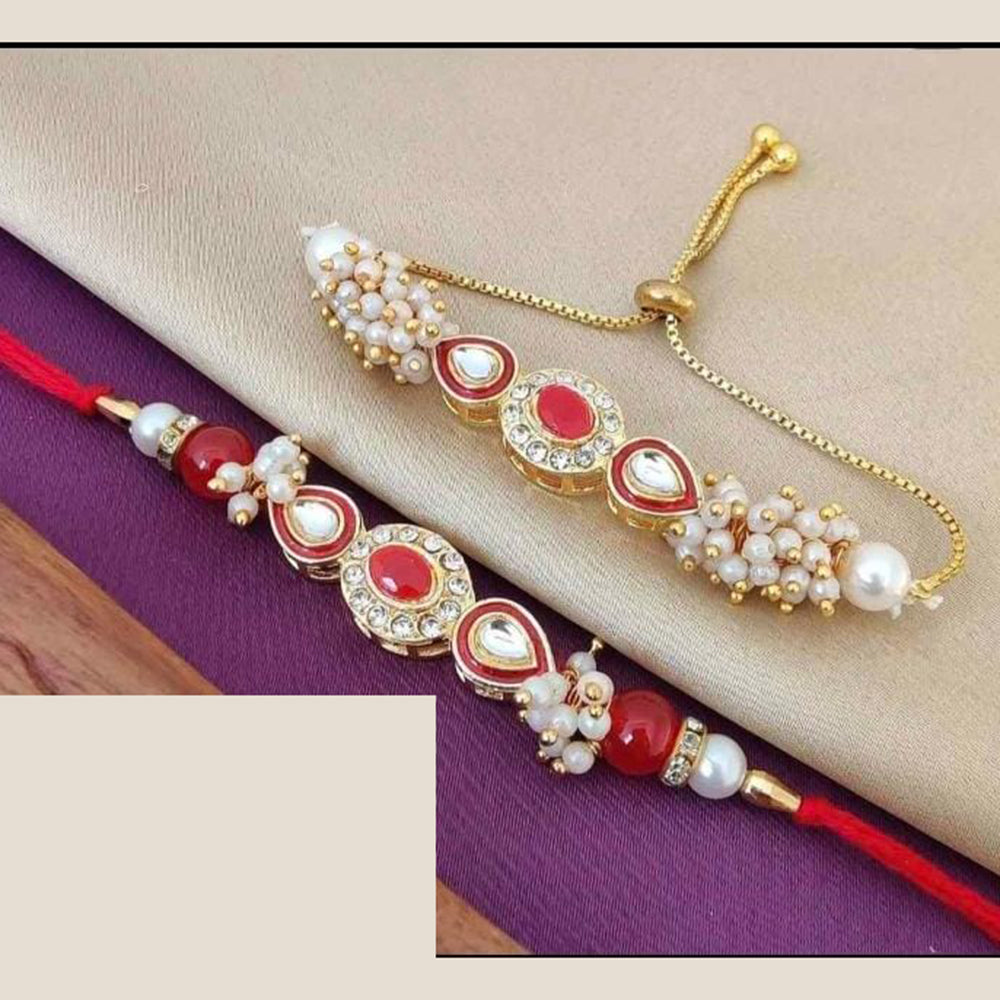 Palak Art Gold Plated Bhaiya And Bhabhi Kundan Stone Rakhi Combo