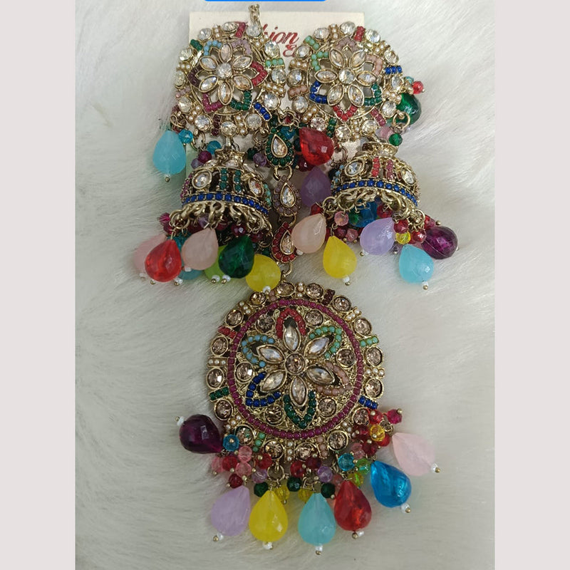 Rudraksh Art Gold Plated Crystal Stone And Pearls Jhumki Earrings With Maangtikka