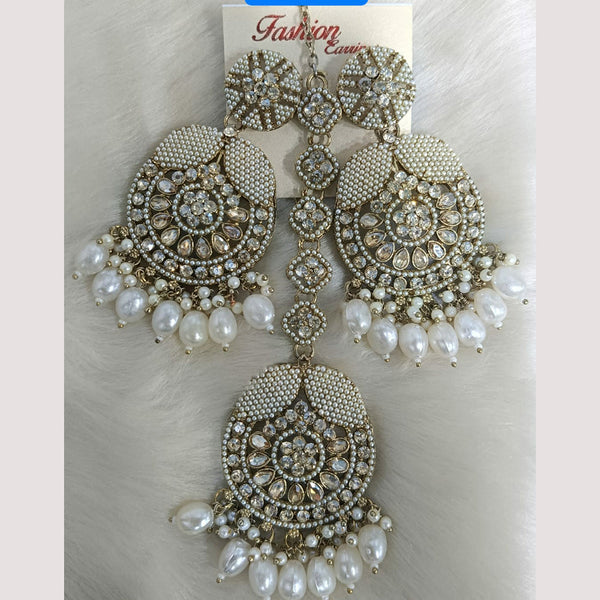 Rudraksh Art Gold Plated Crystal Stone And Pearls Dangler Earrings With Maangtikka