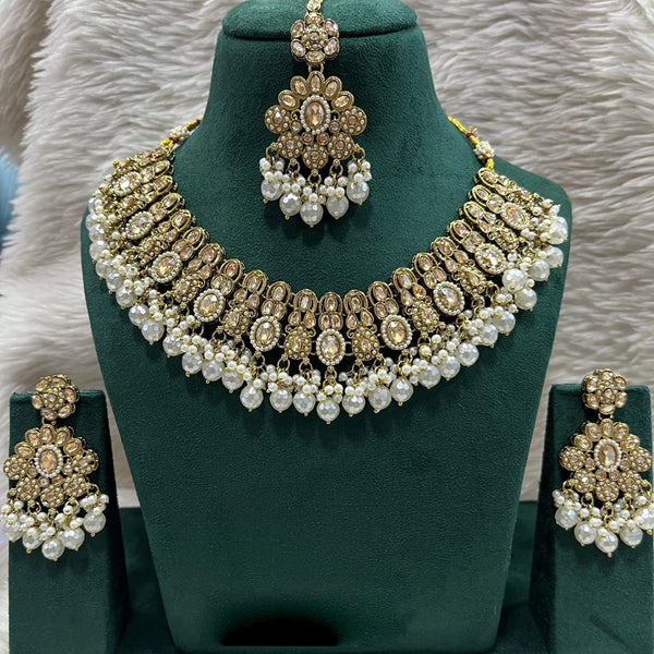 Rudraksh Art Gold Plated Crystal Stone Pearls And Beads Necklace Set