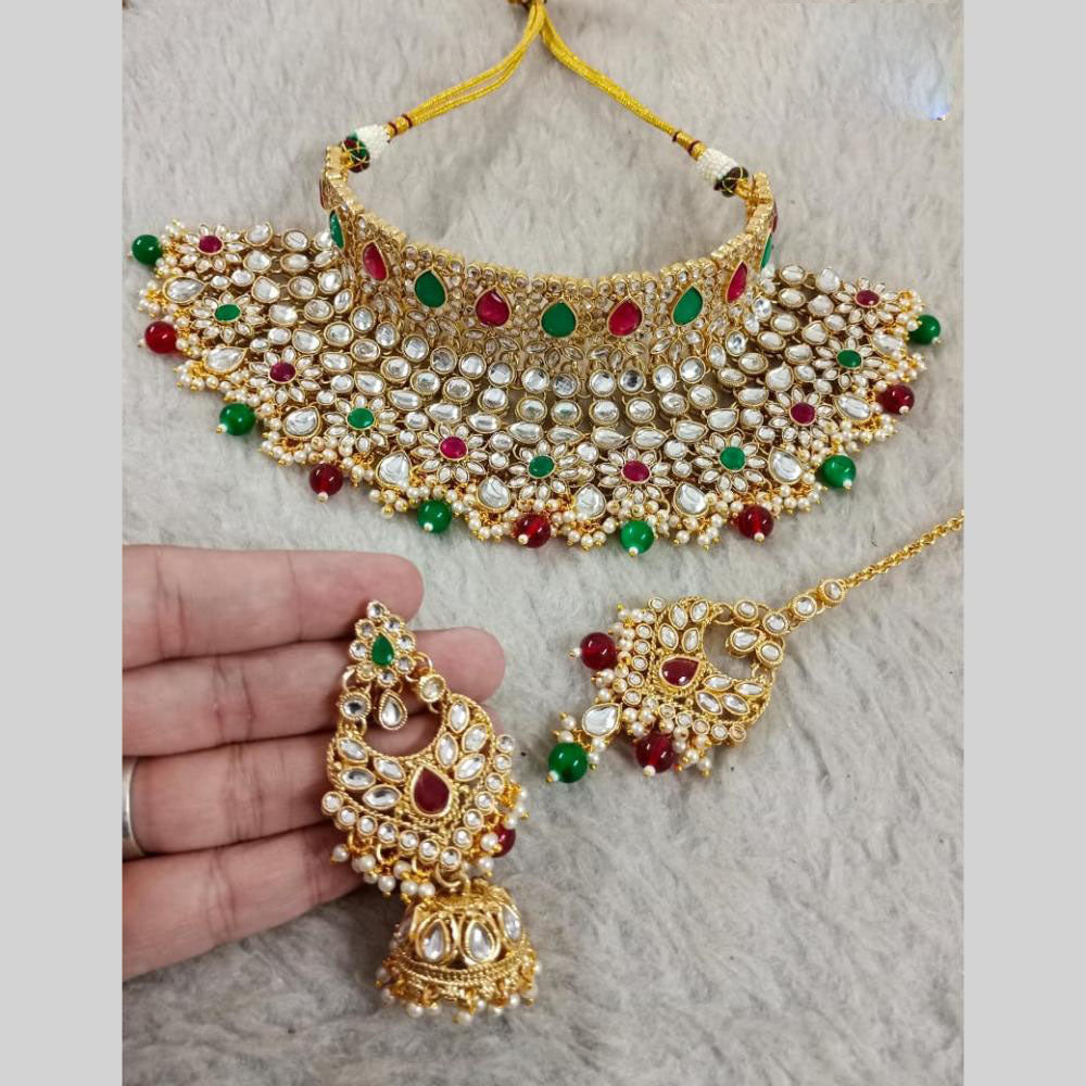 Star India Gold Plated Kundan Stone Pearl And Beads Choker Necklace Set