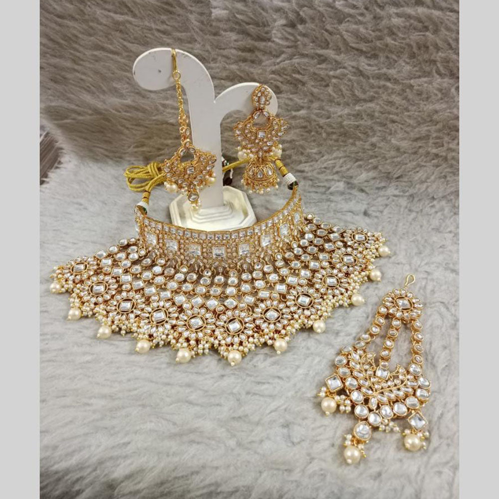 Star India Gold Plated Kundan Stone Pearl And Beads Choker Necklace Set