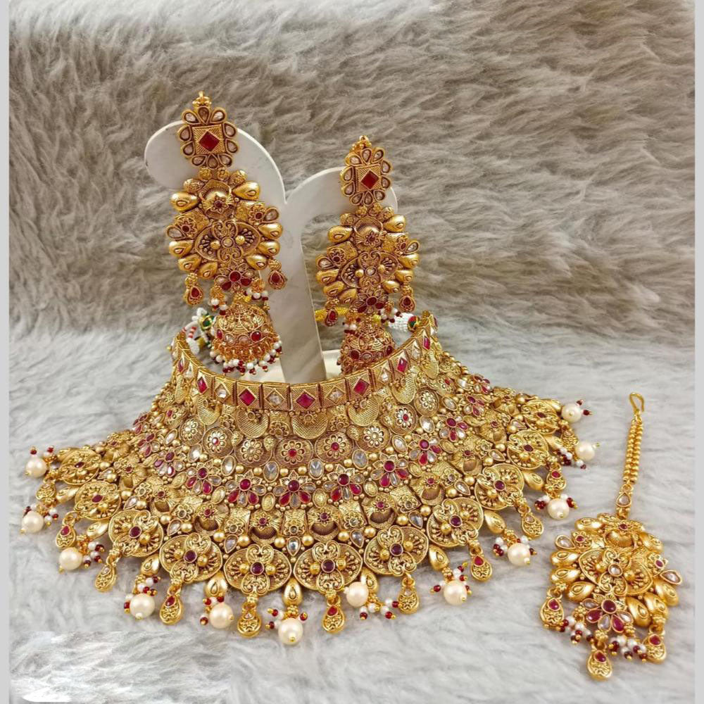 Star India Gold Plated Crystal Stone Pearl And Beads Choker Necklace Set