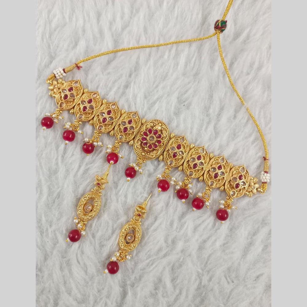 Star India Gold Plated Pota Stone Pearl And Beads Choker Necklace Set