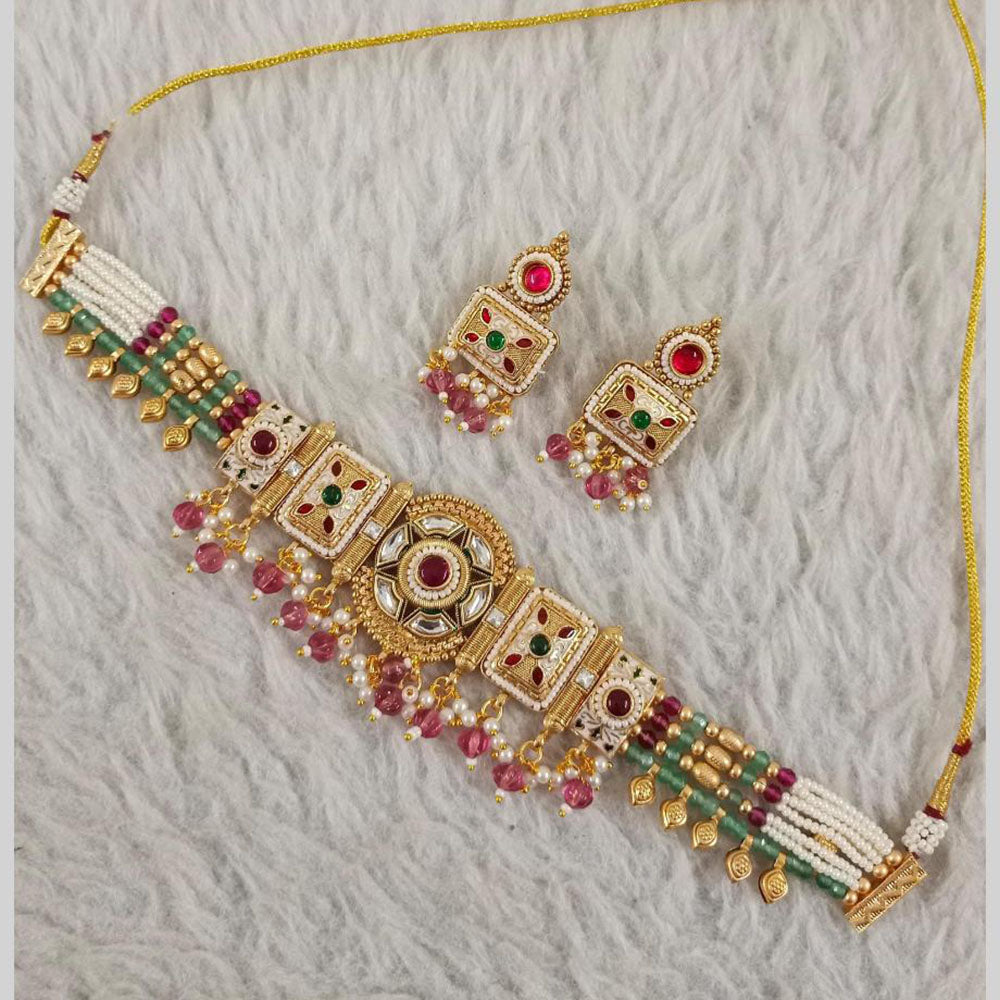 Star India Gold Plated Kundan Stone Pearl And Beads Choker Meenakari Necklace Set