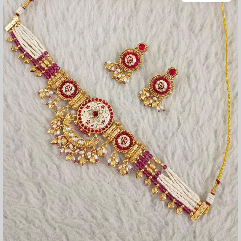 Star India Gold Plated Kundan Stone Pearl And Beads Choker Meenakari Necklace Set