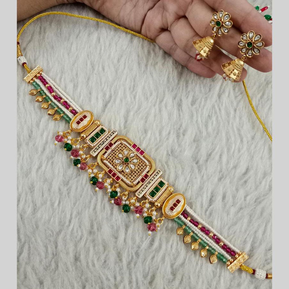 Star India Gold Plated Kundan Stone Pearl And Beads Choker Meenakari Necklace Set