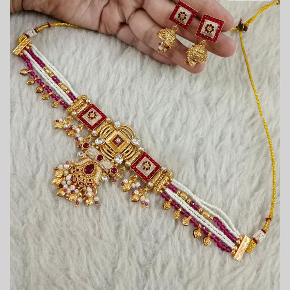 Star India Gold Plated Kundan Stone Pearl And Beads Choker Meenakari Necklace Set