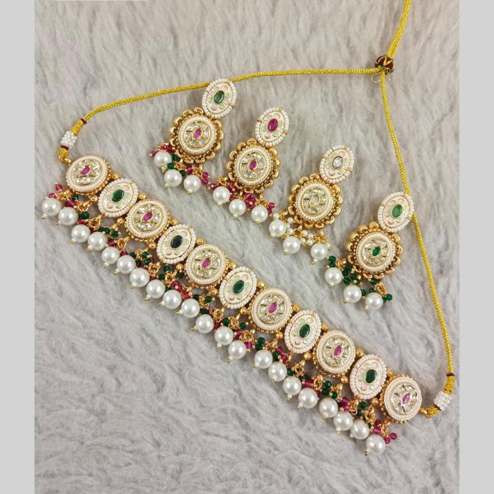 Star India Gold Plated Kundan Stone Pearl And Beads Choker Meenakari Necklace Set