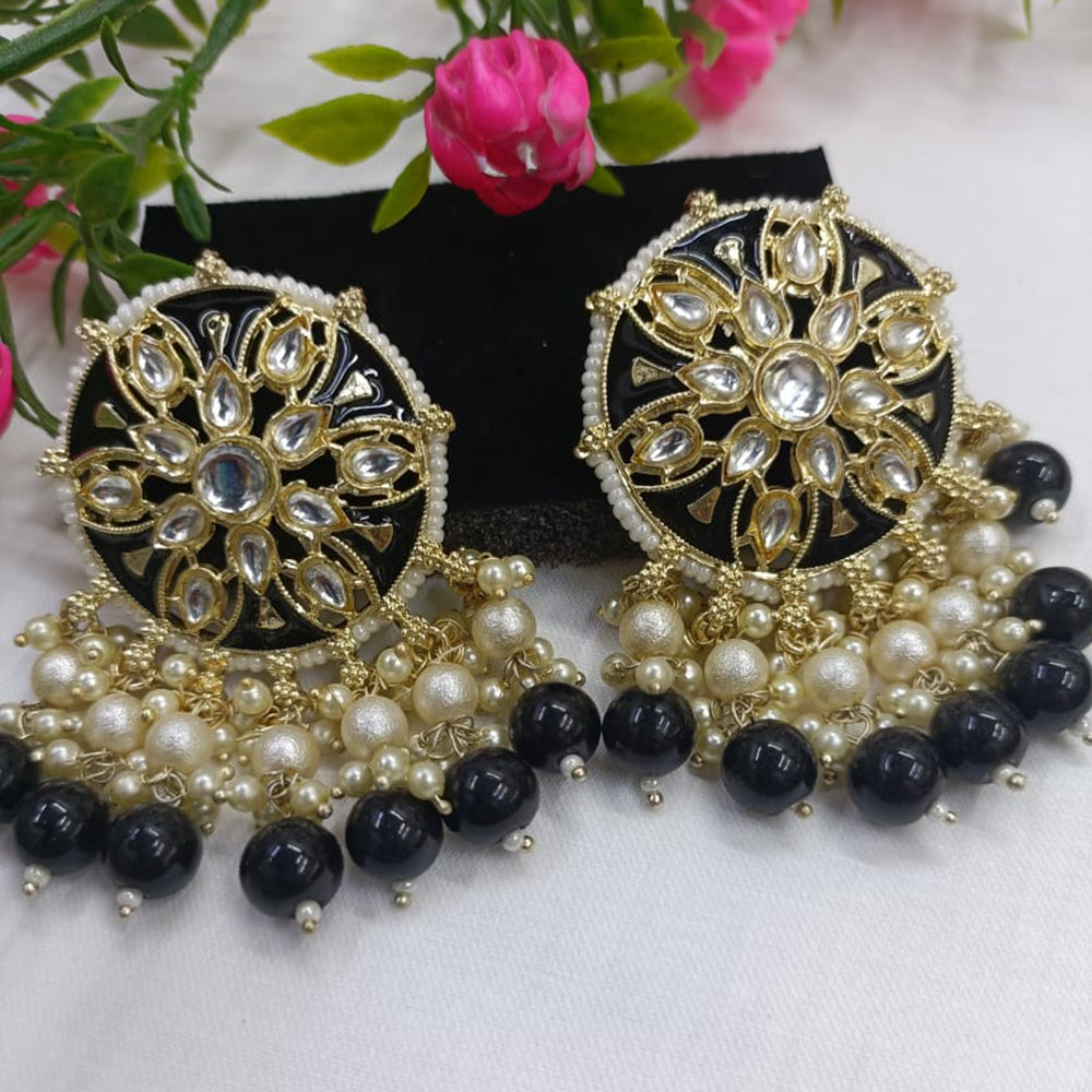 Exotica Collection Gold-Plated Black Color Kundan & Pearl Dangler Earrings Timeless Glamour
