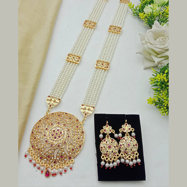 SP Jewellery Gold Plated Austrian Stone And Pearls Long Necklace Set