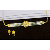 Mahavir Gold Plated Flower Design Pearl Choker Necklace Set
