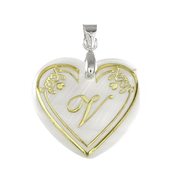 Urthn Alphabet V" Heart Shaped Shell Pendant (Pack Of 6)