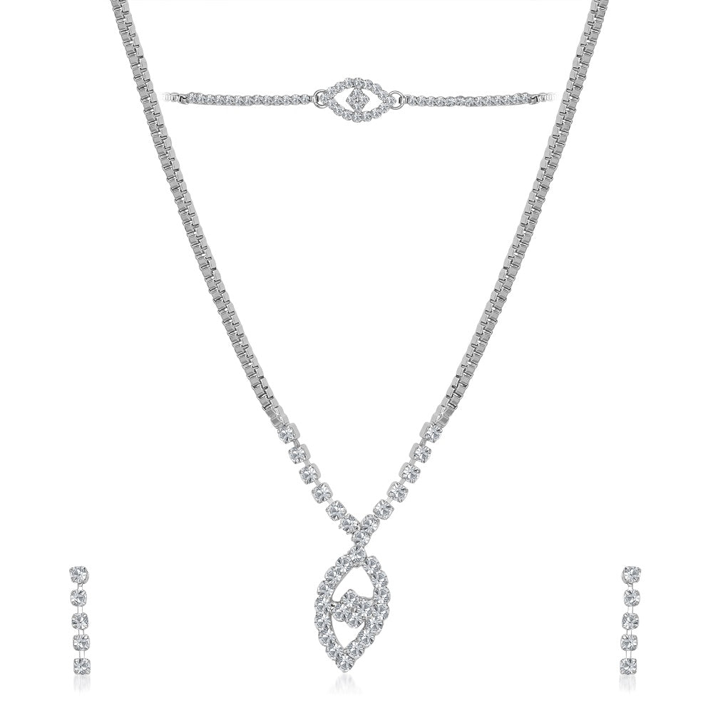 Urthn White Austrian Stone Necklace Set With Maang Tikka (Pack Of 6)