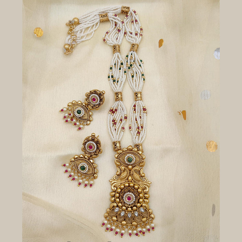 Jewel Addiction Copper Rajwadi Finish Pota Stone And Pearl Long Necklace Set