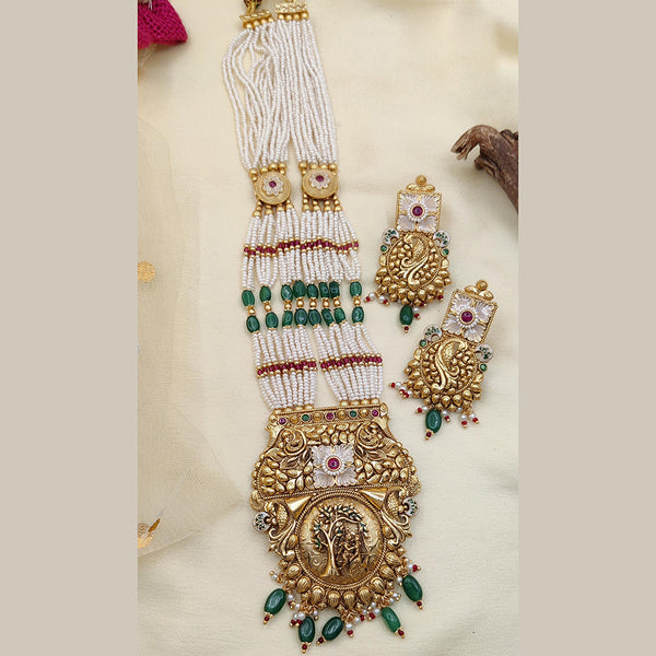 Jewel Addiction Copper Rajwadi Finish Pota Stone And Pearl Long Necklace Set