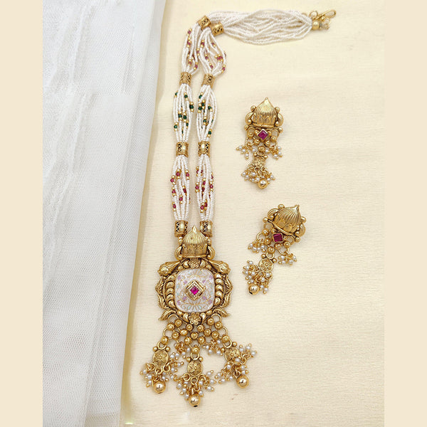 Jewel Addiction Copper Rajwadi Finish Pota Stone And Pearl Long Necklace Set