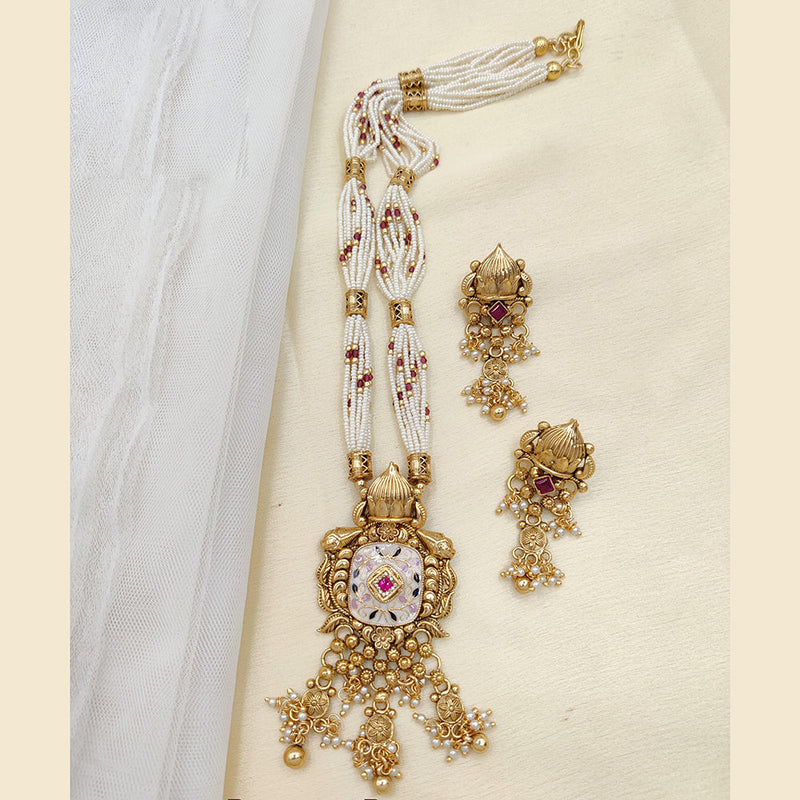 Jewel Addiction Copper Rajwadi Finish Pota Stone And Pearl Long Necklace Set