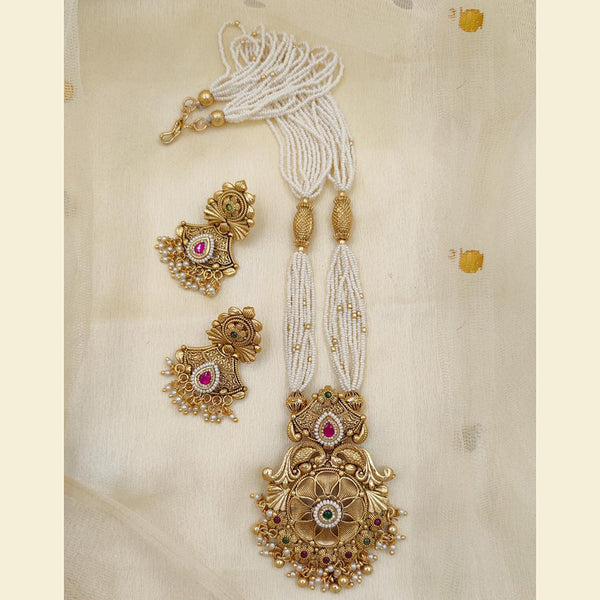 Jewel Addiction Copper Rajwadi Finish Pota Stone And Pearl Long Necklace Set