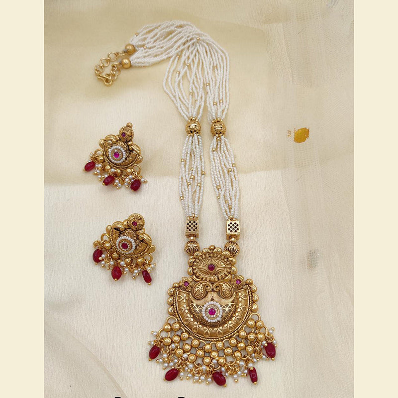 Jewel Addiction Copper Rajwadi Finish Pota Stone And Pearl Long Necklace Set