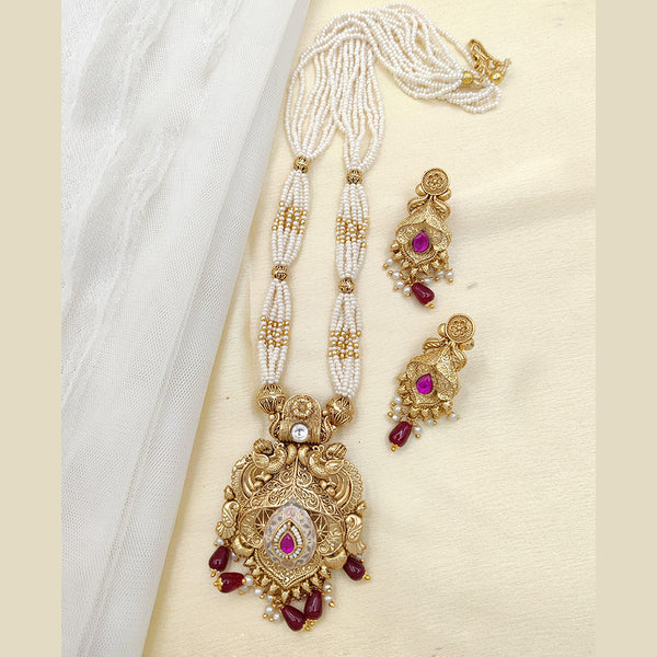 Jewel Addiction Copper Rajwadi Finish Pota Stone And Pearl Long Necklace Set