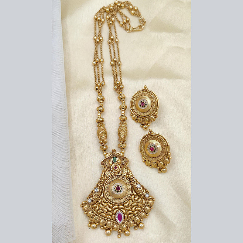 Jewel Addiction Copper Rajwadi Finish Pota Stone Long Necklace Set