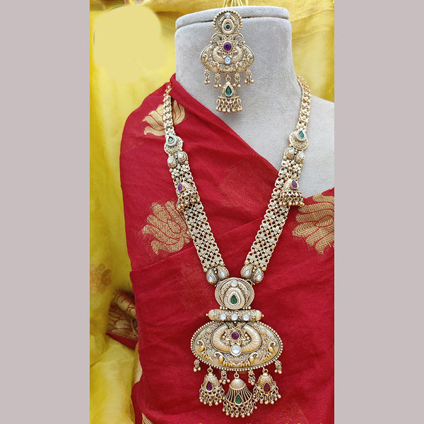 Jewel Addiction Copper Rajwadi Finish Pota Stone Long Necklace Set