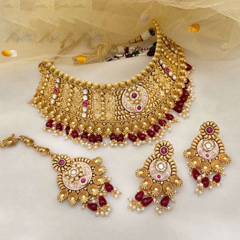 Jewel Addiction Gold Plated Rajwadi Finish Pota Stone Choker  Necklace Set