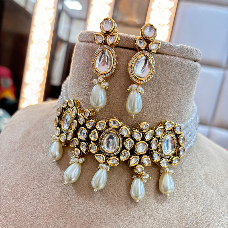 Jewel Addiction Copper Gold Plated Polki Kundan And Pearls Kundan Necklace Set