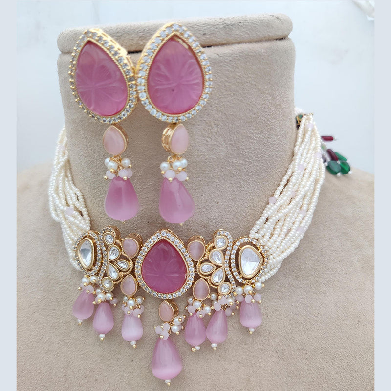 Jewel Addiction Copper Gold Plated Polki Kundan And Pearls Choker Necklace Set