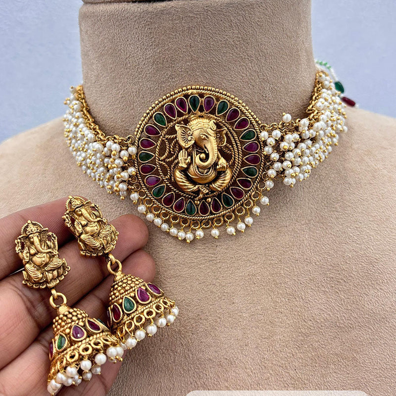 Jewel Addiction Gold Plated Pota Stone And Pearls Lord Ganesha Choker Necklace Set