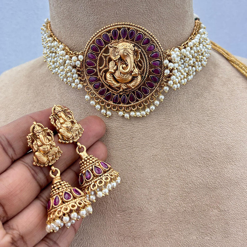 Jewel Addiction Gold Plated Pota Stone And Pearls Lord Ganesha Choker Necklace Set