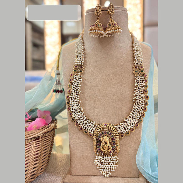 Jewel Addiction Gold Plated Pota Stone And Pearls Temple Long Necklace Set