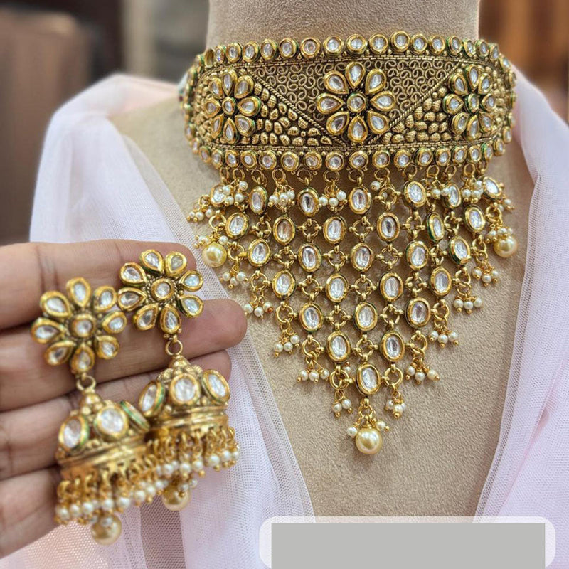 Jewel Addiction Gold Plated Kundan Stone And Pearls Choker Necklace Set