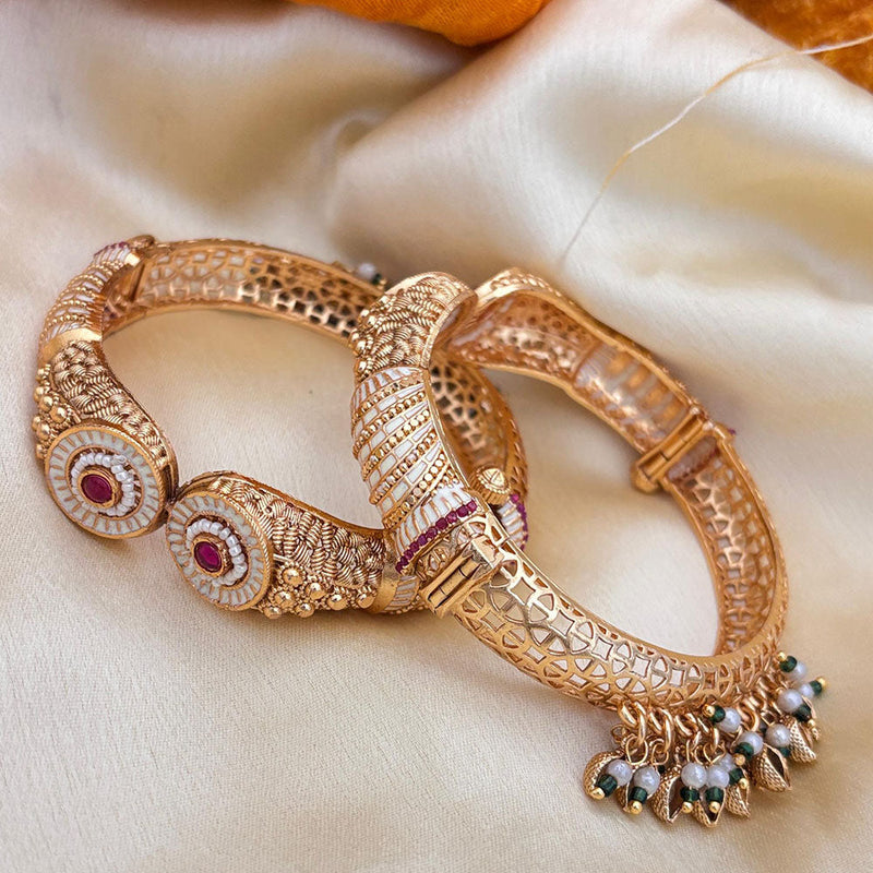 Jewel Addiction Gold Plated Pota Stone And Meenakari Openable Bangles Set