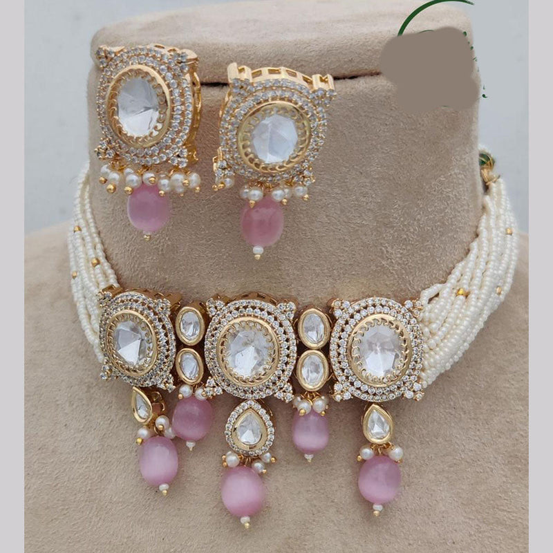 Jewel Addiction Copper Gold Plated Polki Kundan Stone Beads Choker Necklace Set