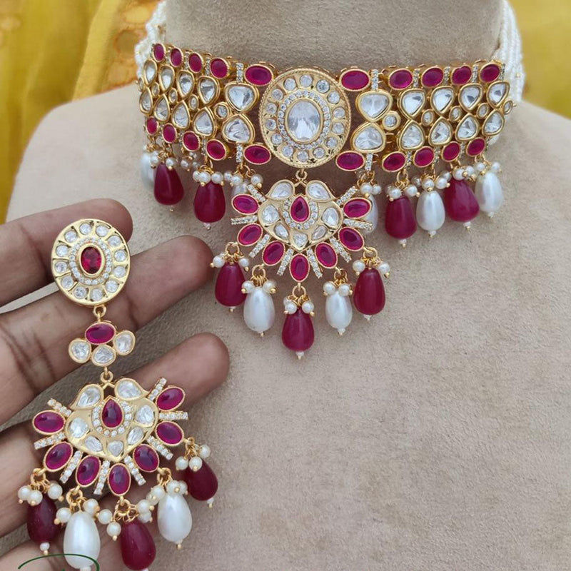 Jewel Addiction Copper Gold Plated Polki Kundan Stone Beads Choker Necklace Set