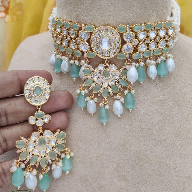 Jewel Addiction Copper Gold Plated Polki Kundan Stone Beads Choker Necklace Set