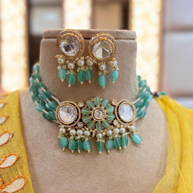 Jewel Addiction Copper Gold Plated Polki Kundan Stone Beads Choker Necklace Set