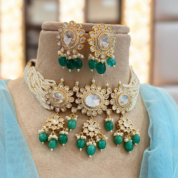 Jewel Addiction Copper Gold Plated Polki Kundan Stone Beads Choker Necklace Set