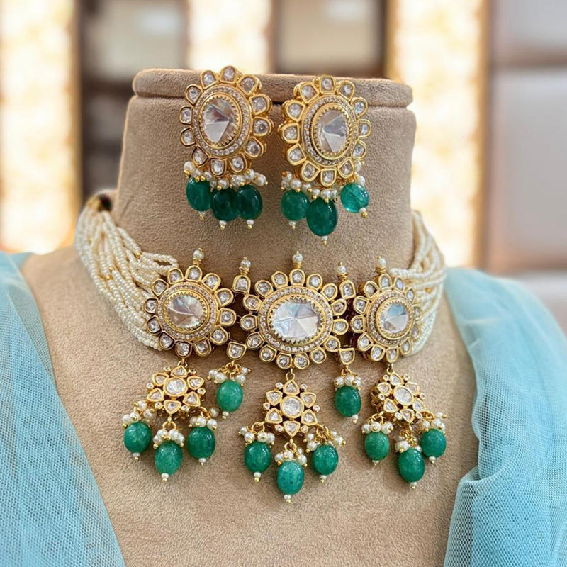 Jewel Addiction Copper Gold Plated Polki Kundan Stone Beads Choker Necklace Set