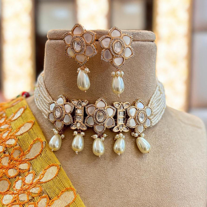 Jewel Addiction Copper Gold Plated Polki Kundan Stone Beads Choker Necklace Set